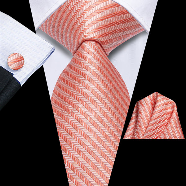 Orange Red Striped Men's Necktie Pocket Square Cufflinks Set