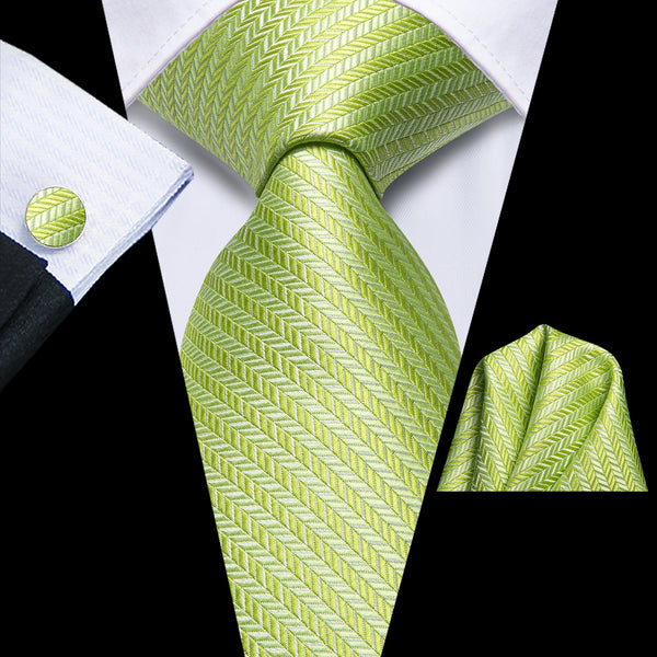 Yellow Green Striped Men's Necktie Pocket Square Cufflinks Set
