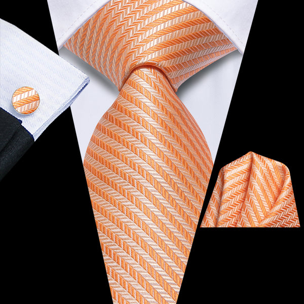 Orange Striped Men's Necktie Pocket Square Cufflinks Set