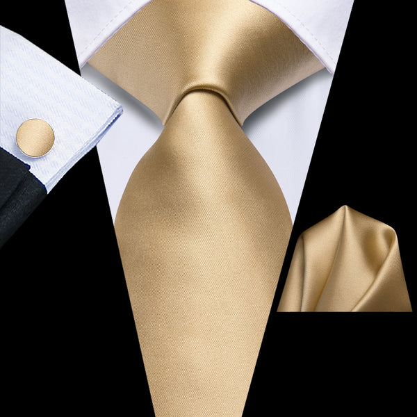 Champagne Solid Men's Necktie Pocket Square Cufflinks Set