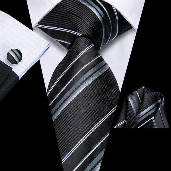 Black White Striped Men Necktie Pocket Square Cufflinks Set