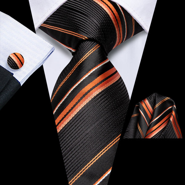 Black Orange Striped Men's Necktie Pocket Square Cufflinks Set