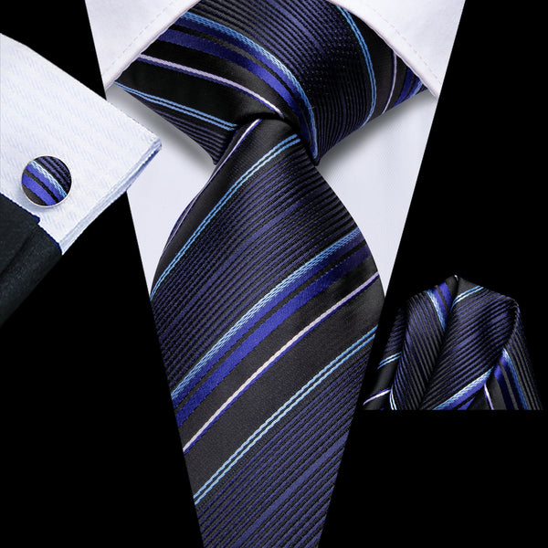 Black Blue Striped Men's Necktie Pocket Square Cufflinks Set