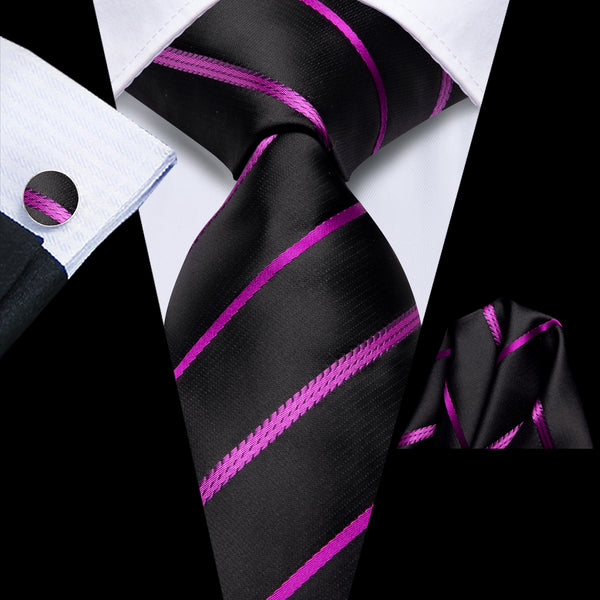 Black Purple Striped Men's Necktie Pocket Square Cufflinks Set