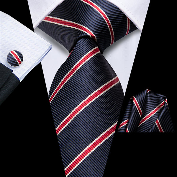 Dark Blue Red Striped Men's Necktie Pocket Square Cufflinks Set