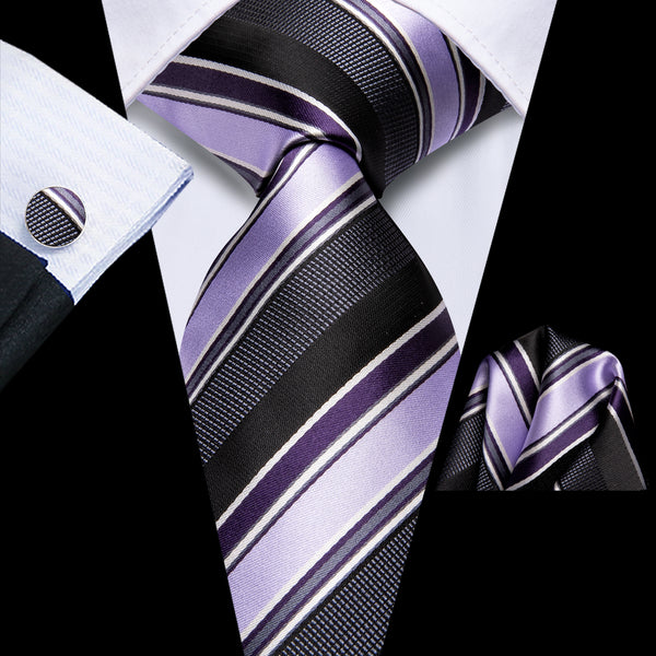 Black Purple Striped Men's Necktie Pocket Square Cufflinks Set