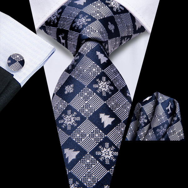 Christmas Navy Blue Plaid Tree Snow Novelty Men's Necktie Hanky Cufflinks Set