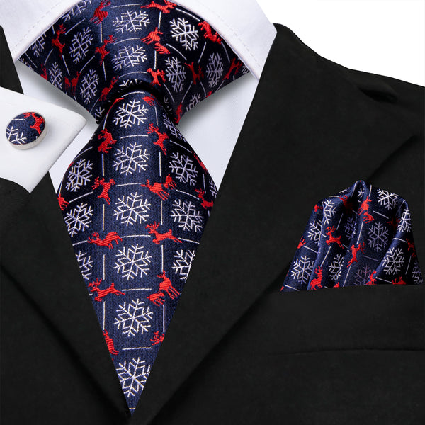 Christmas Blue Red Deer Plaid Snow Novelty Men's Necktie Hanky Cufflinks Set