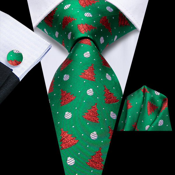 Christmas Green Tie with Red Tree Novelty Men's Necktie Hanky Cufflinks Set