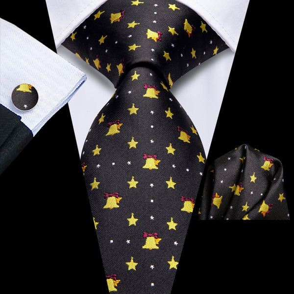 Christmas Black Golden Bell Novelty Men's Necktie Hanky Cufflinks Set