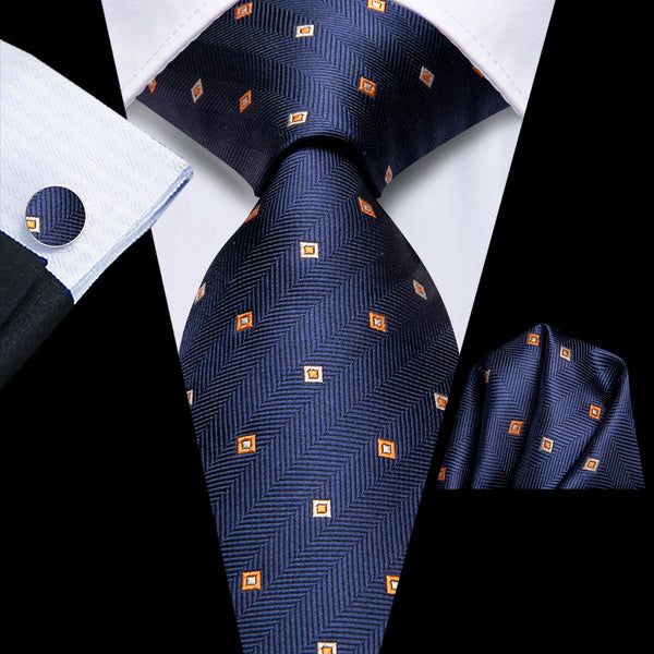 Navy Blue Golden Geometric Novelty Men's Necktie Hanky Cufflinks Set