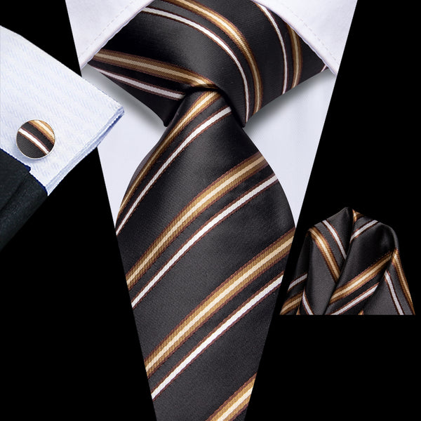 Black Brown White Striped Men's Necktie Hanky Cufflinks Set