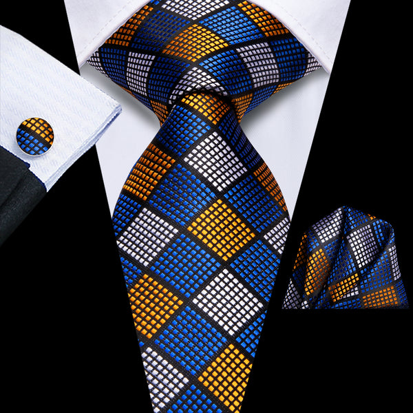 Blue Grey Plaid Men's Necktie Hanky Cufflinks Set
