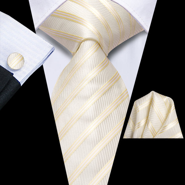 LightGoldenrodYellow Striped Men's Necktie Hanky Cufflinks Set