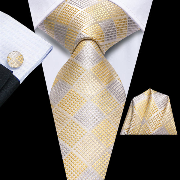 Bisque Ivory Plaid Men's Necktie Hanky Cufflinks Set