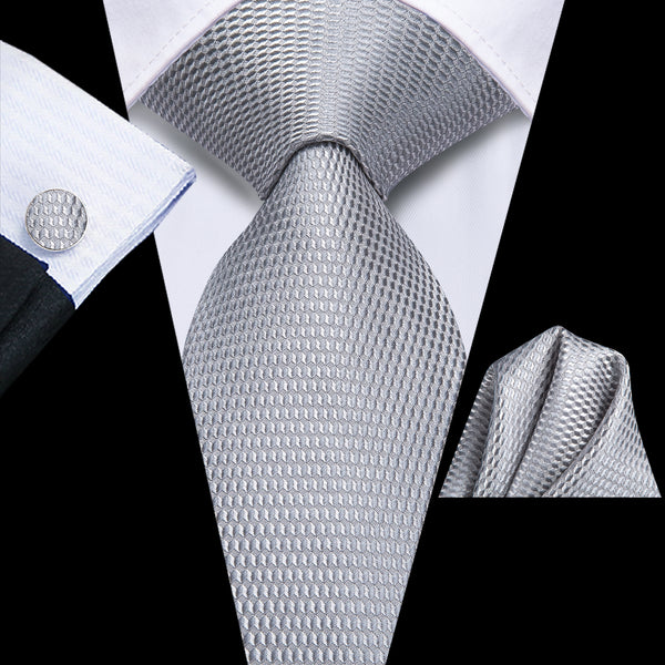 Grey Geometric Men's Necktie Hanky Cufflinks Set