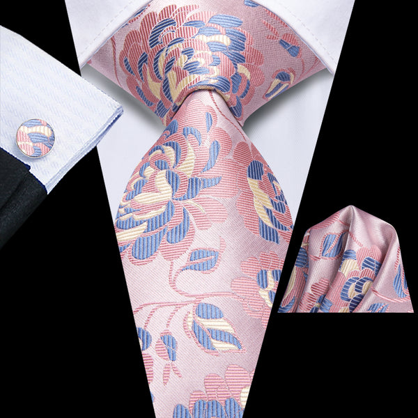 Pink Blue Floral Men's Necktie Hanky Cufflinks Set