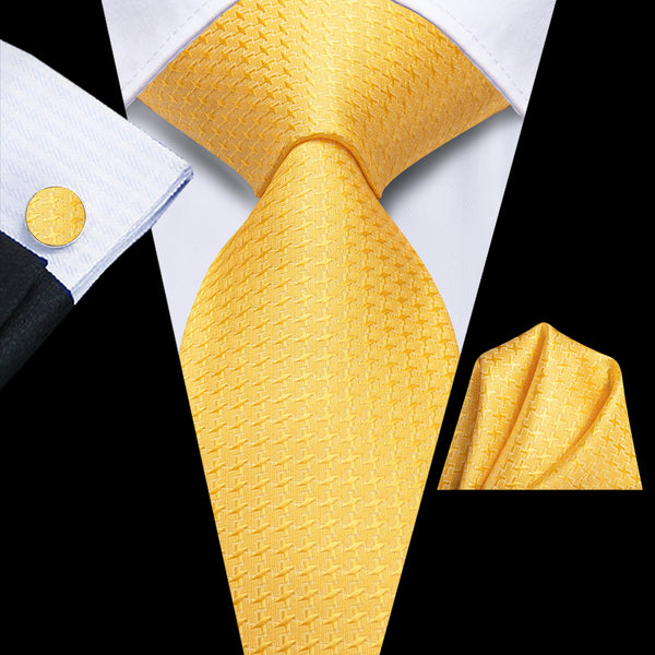 Yellow Geometric Men's Necktie Hanky Cufflinks Set