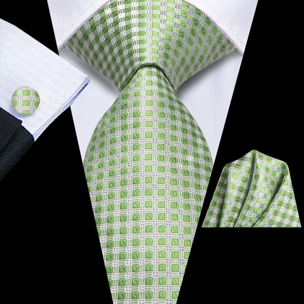 DarkSeaGreen Little Square Geometric Men's Necktie Hanky Cufflinks Set