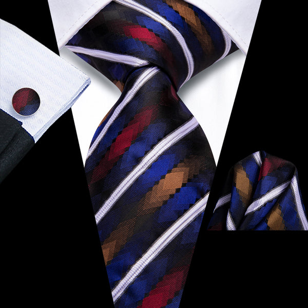 Blue White Darkred Striped Men's Necktie Hanky Cufflinks Set