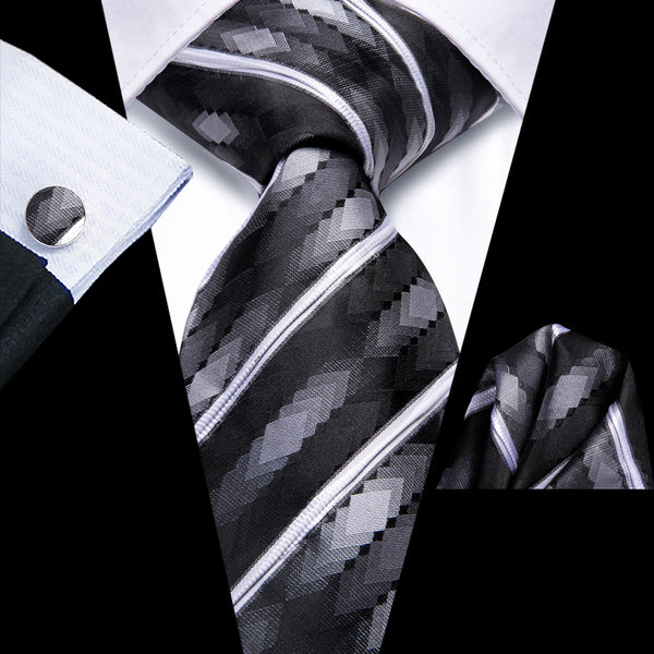 Black White Grey Striped Men's Necktie Hanky Cufflinks Set
