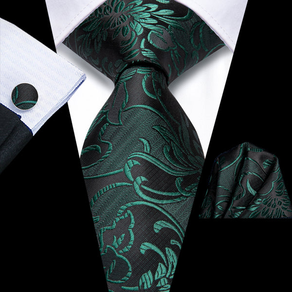 Black DarkGreen Floral Men's Necktie Hanky Cufflinks Set