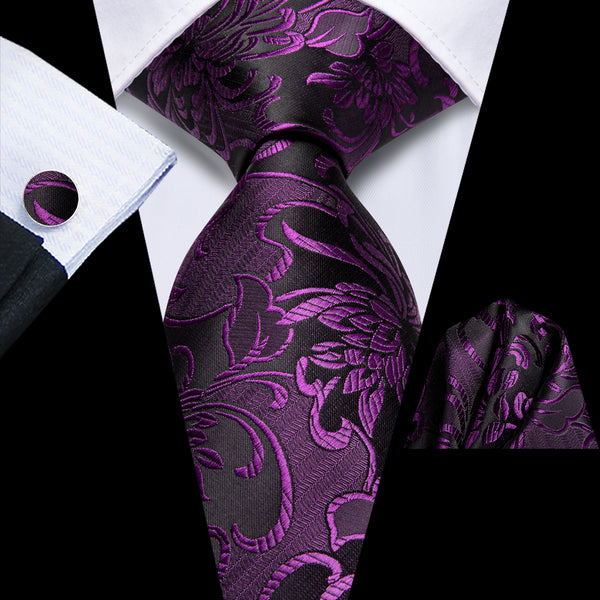 Black Purple Floral Men's Necktie Hanky Cufflinks Set