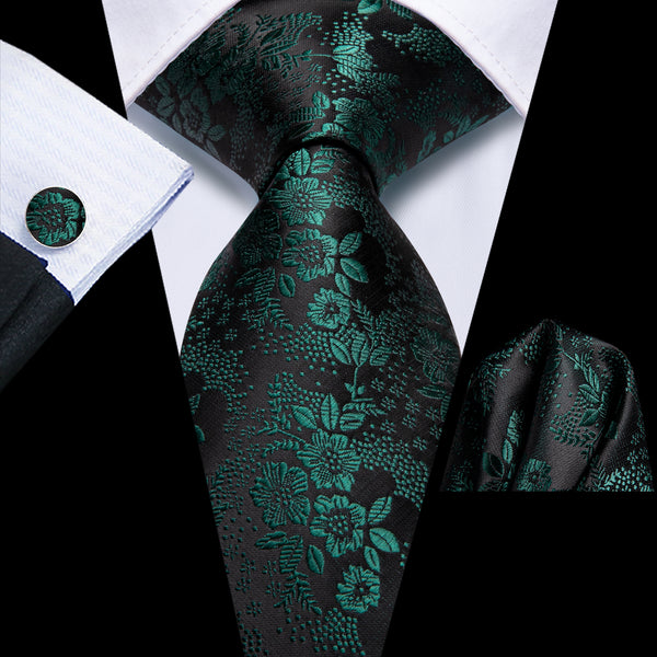 Black Green Little Flower Floral Men's Necktie Hanky Cufflinks Set