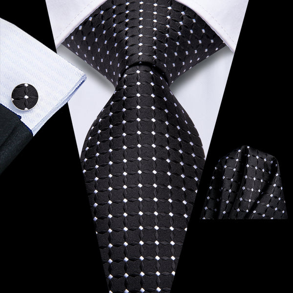 Black White Polka Dots Men's Necktie Hanky Cufflinks Set