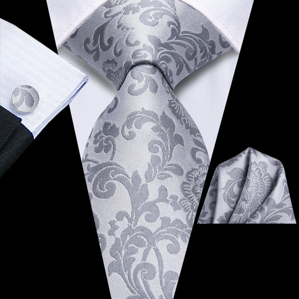 Sliver Grey Floral Men's Necktie Hanky Cufflinks Set