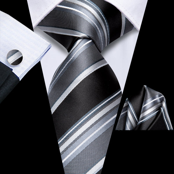 Black Grey Striped Men's Necktie Hanky Cufflinks Set