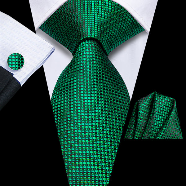 DarkGreen Geometric Men's Necktie Hanky Cufflinks Set
