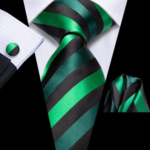 Black Green Striped Men's Necktie Hanky Cufflinks Set