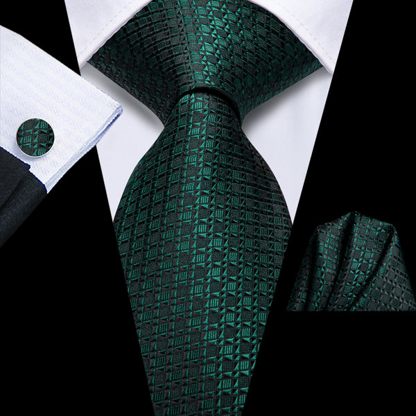 DarkGreen Geometric Men's Necktie Hanky Cufflinks Set