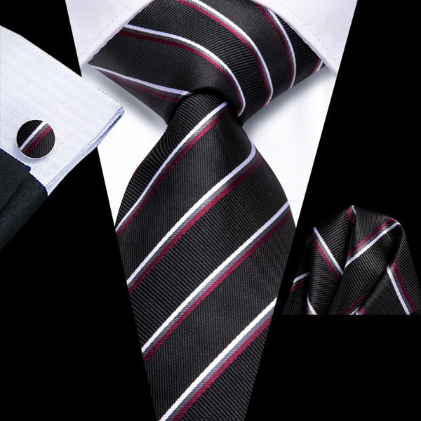 Black White Line Striped Men's Necktie Hanky Cufflinks Set