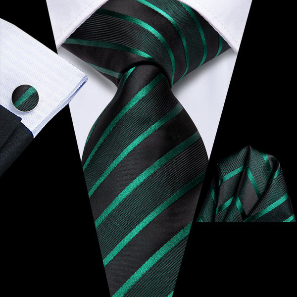 Black Green Striped Men's Necktie Hanky Cufflinks Set