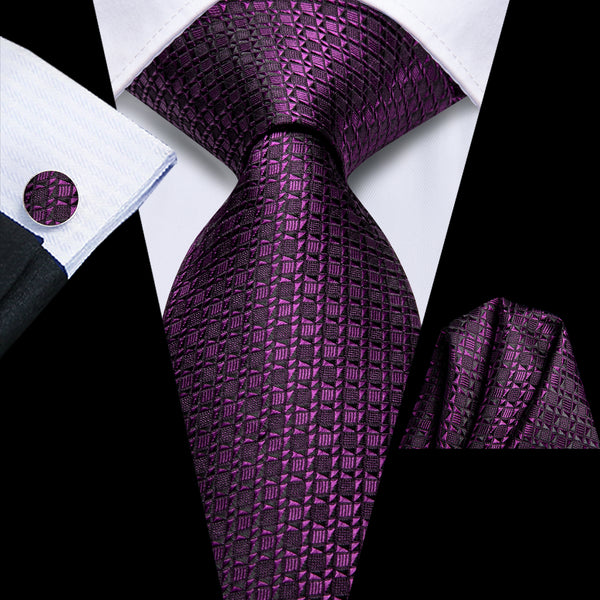 DarkMagenta Geometric Men's Necktie Hanky Cufflinks Set