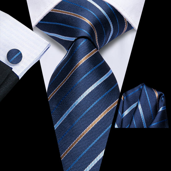 Navy Blue Sky Blue Striped Men's Necktie Hanky Cufflinks Set