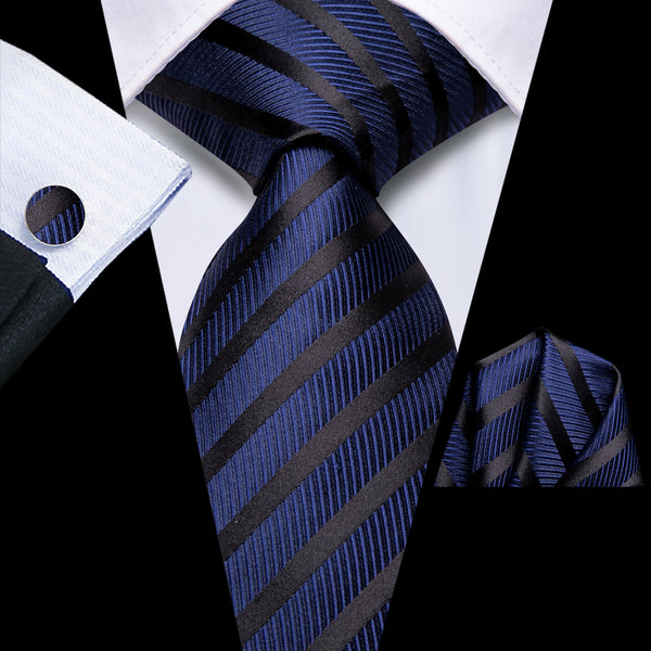 Navy Blue Black Striped Silk Children's Necktie Pocket Square Set