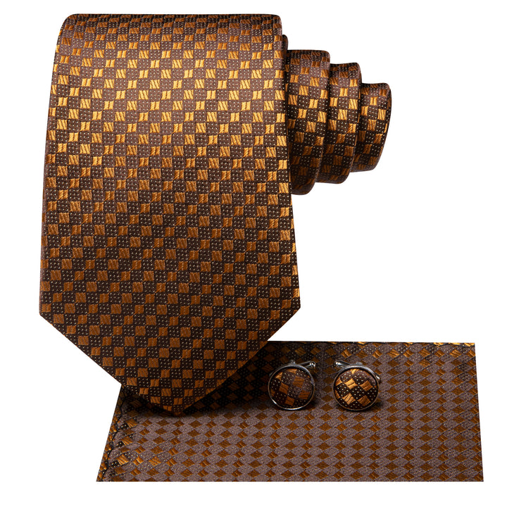 Mens Tie Brown Golden Geometric Striped Silk Tie 
