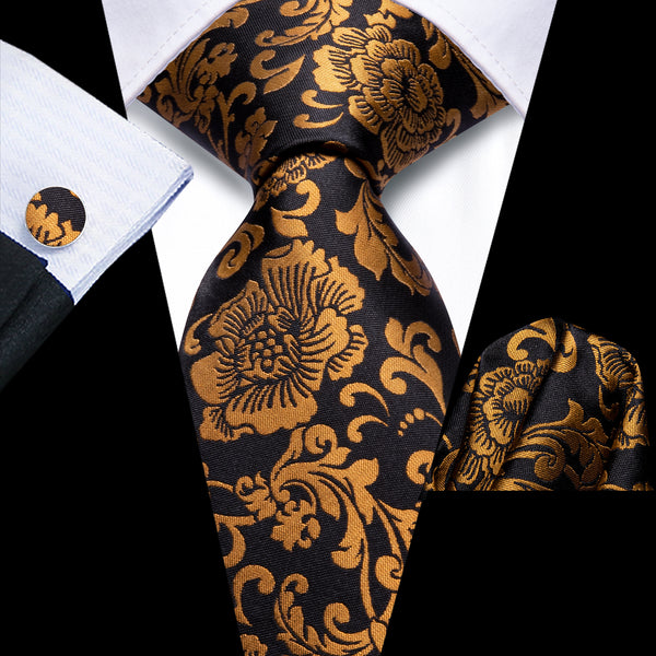 Black Golden Floral Men's Necktie Hanky Cufflinks Set