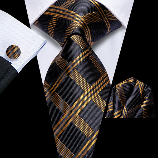 Black Golden Striped Men's Necktie Hanky Cufflinks Set