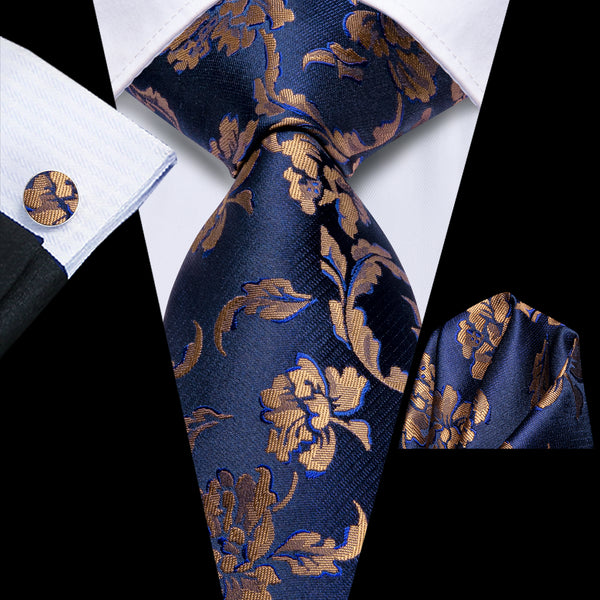 Navy Blue Brown Floral Men's Necktie Hanky Cufflinks Set