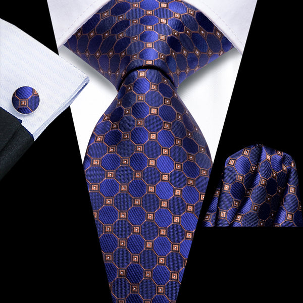 BluePurple Golden Geometric Men's Necktie Hanky Cufflinks Set