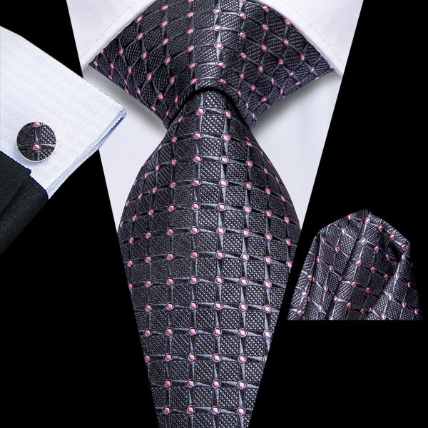 Grey Pink Plaid Men's Necktie Hanky Cufflinks Set
