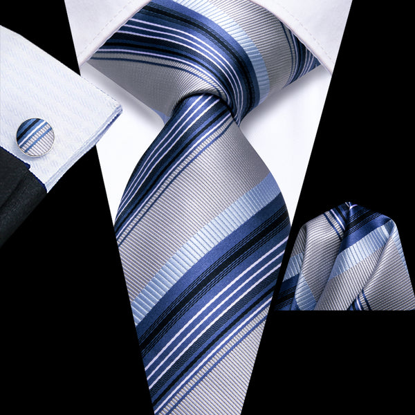 Sliver Grey Navy Blue Striped Silk Children's Necktie Pocket Square Set