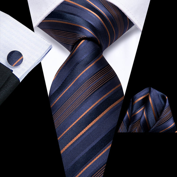 Navy Blue Orange Striped Silk Children's Necktie Pocket Square Set