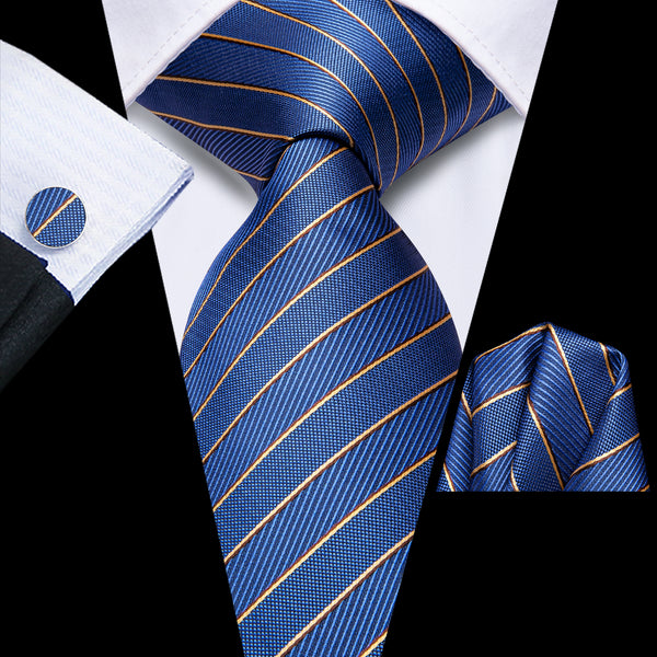 Blue Brown Striped Men's Necktie Hanky Cufflinks Set