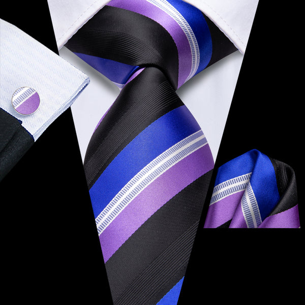 Black Purple Blue Striped Men's Necktie Hanky Cufflinks Set