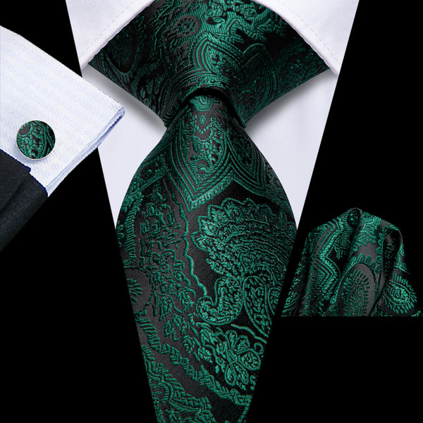 Ties2you Black Green Paisley Silk Men's Necktie Hanky Cufflinks Set